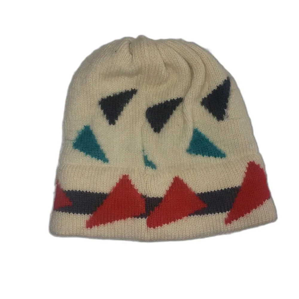 Vermont Needlecrafts Vintage Winter Wool Beanie Hat Ivory with Geometric Print
